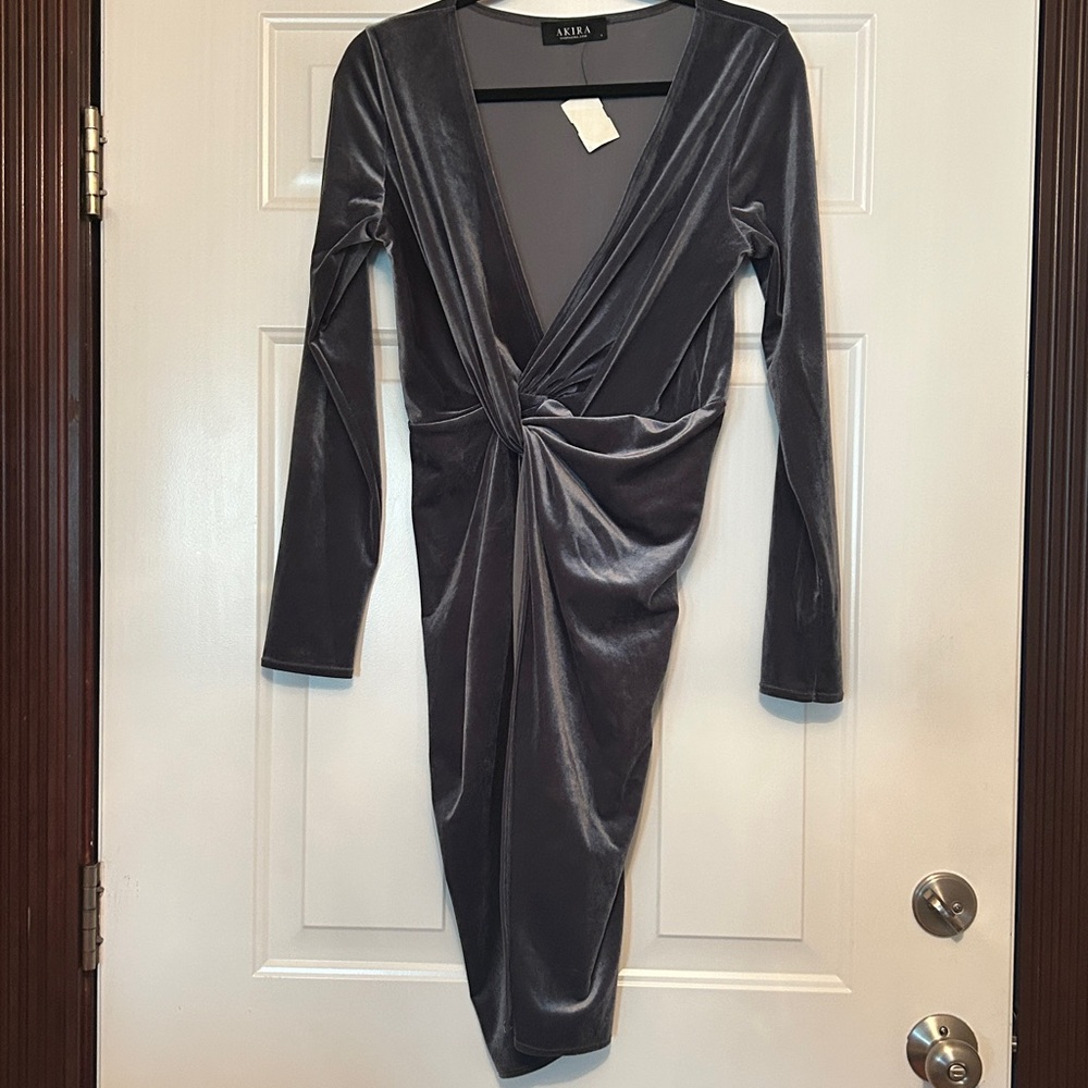 AKIRA Velvet LS Wrap Dress L Gray NWT Festive Formal Holiday Timeless Sexy